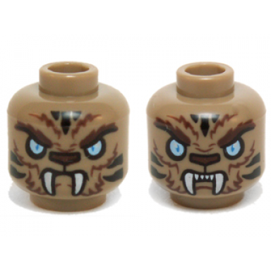 dark tan minifigure head dual sided alien chima tiger with fur fangs light blue eyes and black stripes neutral angry pattern strainor
