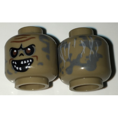 dark tan minifigure head alien with reddish brown lines and eyes gray splotches and missing teeth pattern