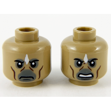 dark tan minifigure head dual sided alien white diamond cheek lines neutral angry pattern