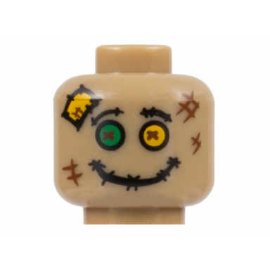 dark tan minifigure head scarecrow dark brown stitched eyebrows and mouth green and yellow eyes patch reddish brown scuff marks pattern bam