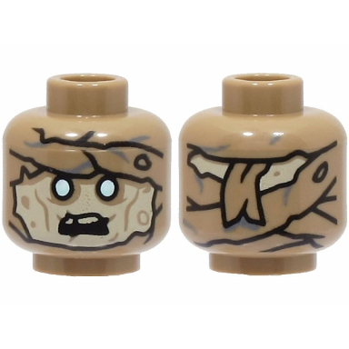 dark tan minifigure head alien mummy with tan face white and metallic light blue eyes black open mouth wrappings on forehead and back pattern