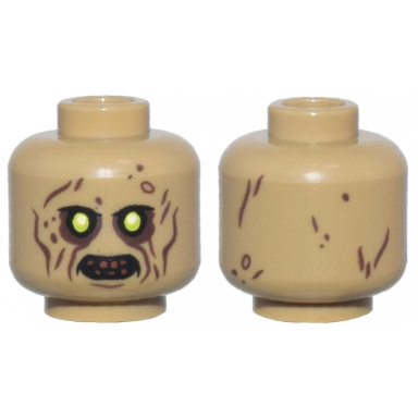 dark tan minifigure head alien zombie upper eyelids lime eyes dark brown eye shadow cheek lines wrinkles and spots reddish brown bared teeth pattern