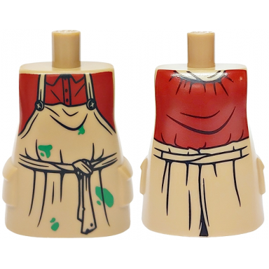 torso large long coat with molded pockets with apron dark red shirt green paint splotches black tied belt and creases pattern