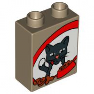 dark tan duplo brick 1 x 2 x 2 with cat biscuits and food bowl pattern