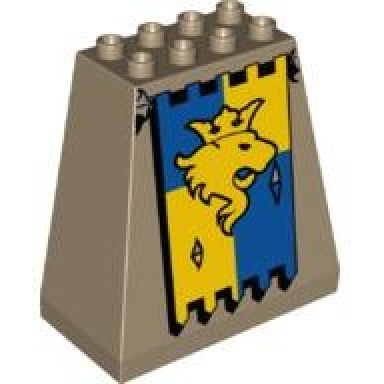 dark tan duplo brick 3 x 6 x 5 slope 75 quadruple with lion and crown banner pattern