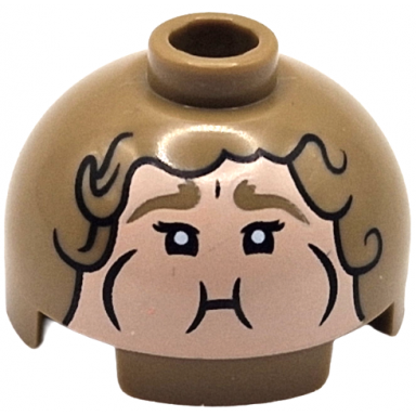 dark tan brick round 2 x 2 dome top with light nougat face thick eyebrows black eyes mouth puffed out cheeks and hair outline pattern