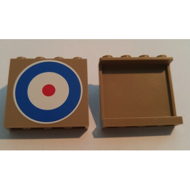 dark tan panel 1 x 4 x 3 with side supports - hollow studs with blue circle and red dot british roundel pattern sticker - set 10226