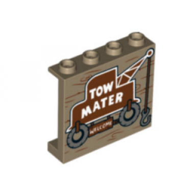 dark tan panel 1 x 4 x 3 with side supports - hollow studs with tow mater welcome on tow truck pattern