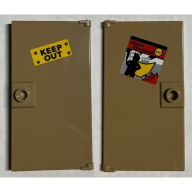 dark tan door 1 x 4 x 6 with stud handle with keep out sign and poster with silhouette yellow cape and oleksii storozhuk on back pattern sticker - set 21330