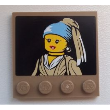 dark tan tile modified 4 x 4 with studs on edge with minifigure girl with a pearl earring painting pattern sticker - set 60008