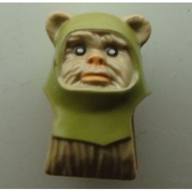 dark tan minifigure head modified sw ewok with olive green hood pattern
