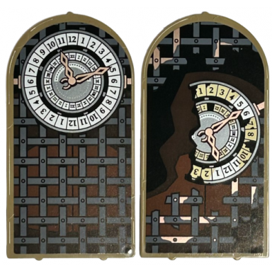 dark tan glass for door frame 1 x 6 x 7 arched with notches and rounded pillars with dark bluish gray lattice white clock black numbers and gold hands pattern on both sides stickers - set 76415