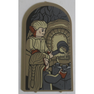 dark tan glass for door frame 1 x 6 x 7 arched with notches and rounded pillars with tan elves oven and dark bluish gray bricks and saucepan pattern sticker - set 10316
