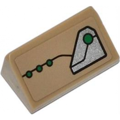 dark tan slope 30 1 x 2 x 2 3 with black line 4 green dots and silver metal plate pattern sticker - set 76009
