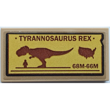 dark tan tile 2 x 4 with tyrannosaurus rex 68m-66m and silhouettes of t rex and minifigure pattern sticker - set 76940