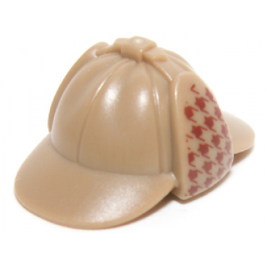 dark tan minifigure headgear hat deerstalker with dark red houndstooth check on ear flaps pattern
