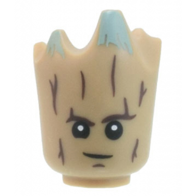 dark tan minifigure head modified groot with dark brown tree bark sand green moss black eyes with white pupils lopsided grin pattern