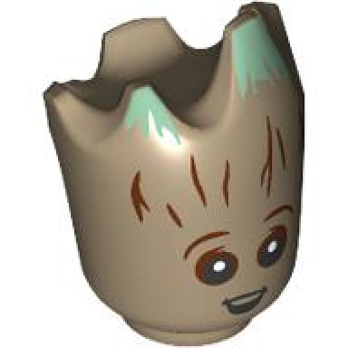 dark tan minifigure head modified groot with reddish brown tree bark sand green moss black eyes with white pupils and open mouth pattern