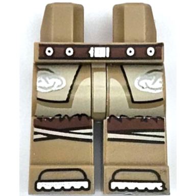 dark tan hips and legs with reddish brown belt with silver buckle and circles tan tunic with fur hem and celtic knots knee wrappings shoe tips pattern