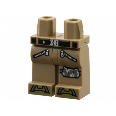 dark tan hips and legs with black belt silver buckle and zippers dark bluish gray and silver kneepad left and olive green toes pattern