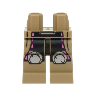 dark tan hips and legs with super hero costume with jacket tails black pants with dark pink rectangles silver round knee pads pattern