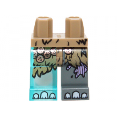 dark tan hips and 1 dark bluish gray left leg 1 trans-light blue right leg with fur copper pendants medium lavender sinew patches and white toenails pattern