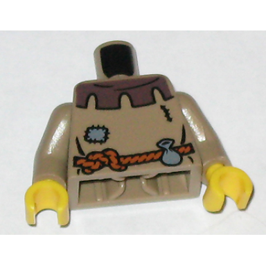 dark tan torso castle fantasy era peasant shirt with dark brown collar and dark bluish gray patch dark orange rope belt with pouch pattern dark tan arms yellow hands