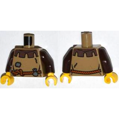 dark tan torso castle fantasy era peasant shirt with dark brown collar and dark bluish gray patch dark orange rope belt with pouch pattern dark brown arms yellow hands