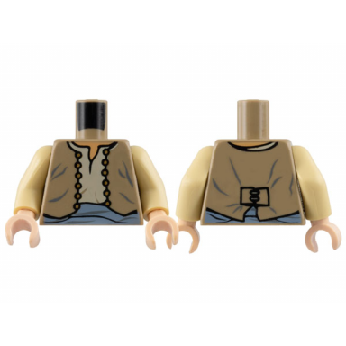 dark tan torso merchant vest open with gold buttons over tan shirt sand blue sash nougat neck pattern tan arms light nougat hands