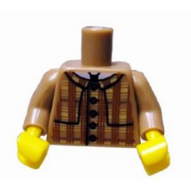 dark tan torso plaid coat with layered shoulder detailing and red buttons pattern dark tan arms yellow hands