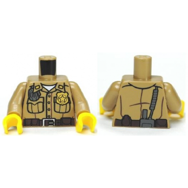 dark tan torso shirt button down with pockets radio badge and dark brown belt pattern dark tan arms yellow hands