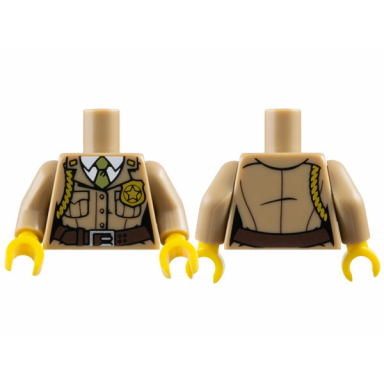 dark tan torso female police uniform jacket with buttons and pockets over white shirt and olive green tie dark brown belt with silver buckle gold star badge and braid pattern dark tan arms yellow hands