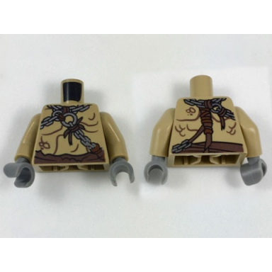 dark tan torso bare chest with body lines and chains pattern dark tan arms dark bluish gray hands