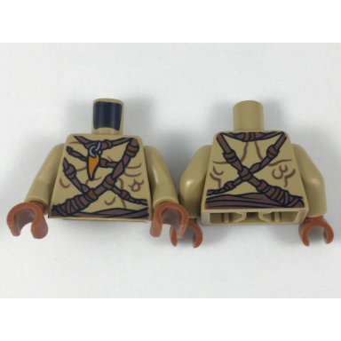 dark tan torso bare chest with body lines ropes and amulet pattern dark tan arms reddish brown hands