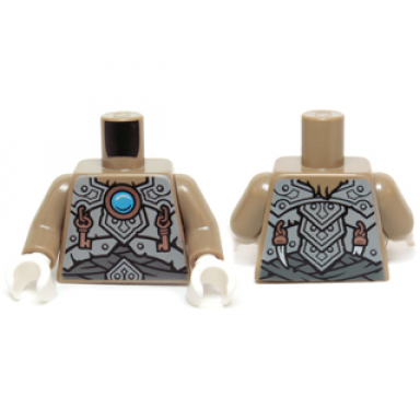 dark tan torso light bluish gray scaled armor copper key pendants and blue round jewel chi pattern dark tan arms white hands