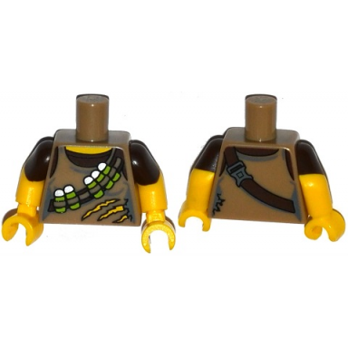 dark tan torso torn tank top with ammunition belt over dark brown shirt pattern yellow arms with molded dark brown short sleeves pattern yellow hands