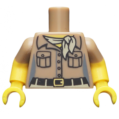 dark tan torso female shirt with 2 pockets tan scarf and black belt with gold buckle pattern yellow arms with molded dark tan short sleeves pattern yellow hands