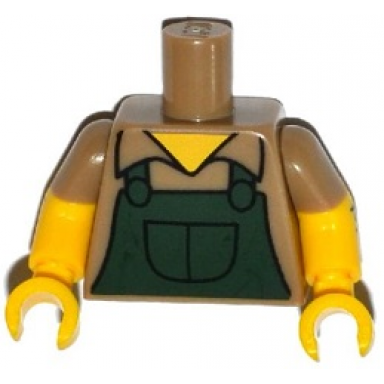 dark tan torso simpsons shirt with dark green overalls pattern yellow arms with hair and dark tan short sleeves pattern yellow hands