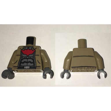 dark tan torso batman jacket over dark gray armor red large bat logo pattern dark tan arms dark bluish gray hands