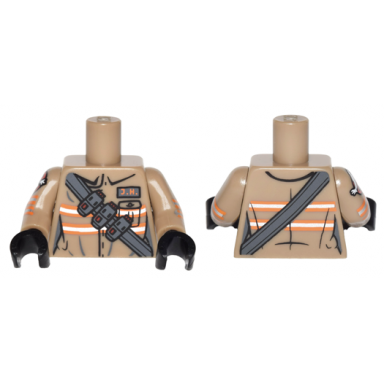dark tan torso ghostbusters jumpsuit female with j.h id badge and strap with ammo pattern dark tan arms with ghostbusters pattern black hands