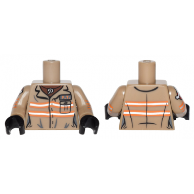 dark tan torso ghostbusters jumpsuit female with p.t id badge and p necklace pattern dark tan arms with ghostbusters pattern black hands