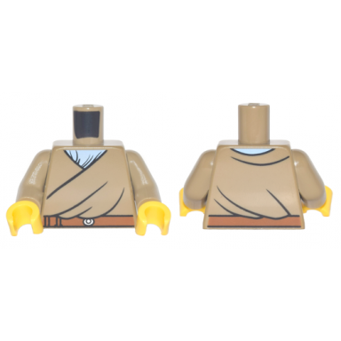 dark tan torso robe with dark orange belt over bright light blue shirt pattern dark tan arms yellow hands