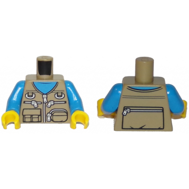 dark tan torso vest with zipper pockets and pouches over dark azure shirt pattern dark azure arms yellow hands