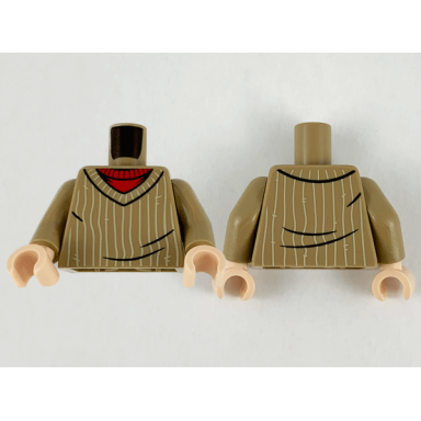 dark tan torso sweater with vertical white stripes over red undershirt pattern dark tan arms light nougat hands