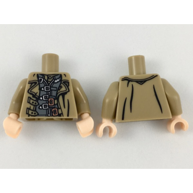 dark tan torso trench coat open over dark bluish gray jacket with straps and zipper silver and copper buckles pattern dark tan arms light nougat hands