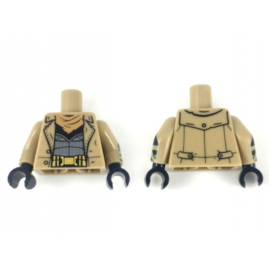 dark tan torso trench coat open with buttons over dark bluish gray armor suit gold utility belt nougat bandana pattern dark tan arms with black gloves olive green wrappings pattern black hands