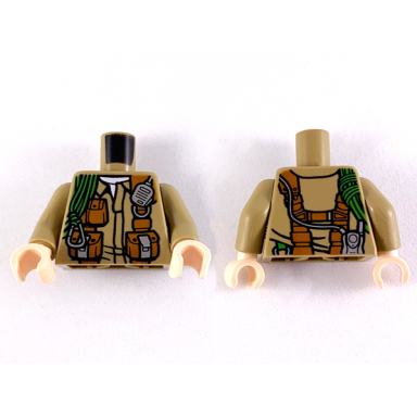 dark tan torso jacket with dark orange pouches silver radio and bright green rope pattern dark tan arms light nougat hands