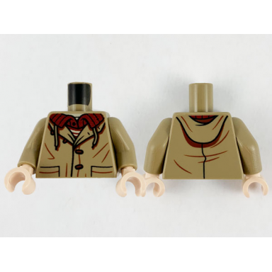 dark tan torso jacket with buttons pockets and dark red shirt collar pattern dark tan arms light nougat hands