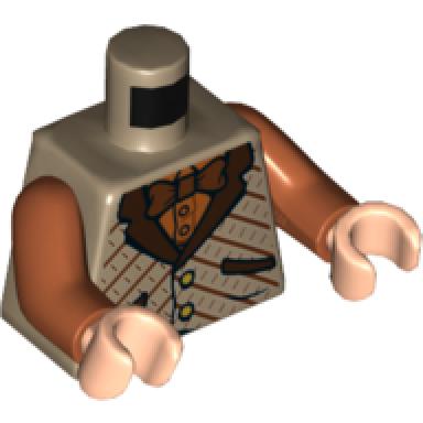 dark tan torso vest over dark orange shirt and reddish brown bow tie pattern dark orange arms light nougat hands
