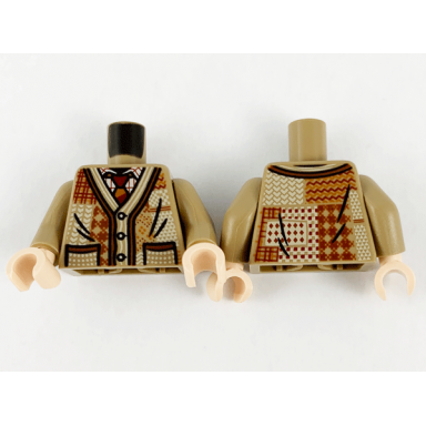 dark tan torso patchwork cardigan dark red dark orange and tan stitching dark red and dark orange tie pattern dark tan arms light nougat hands
